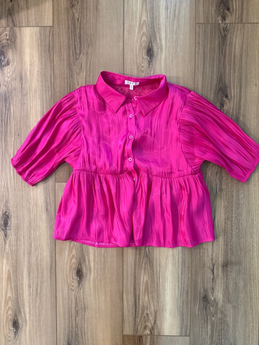 TCEC Vibrant Hot Pink Sheen Button-Up Blouse